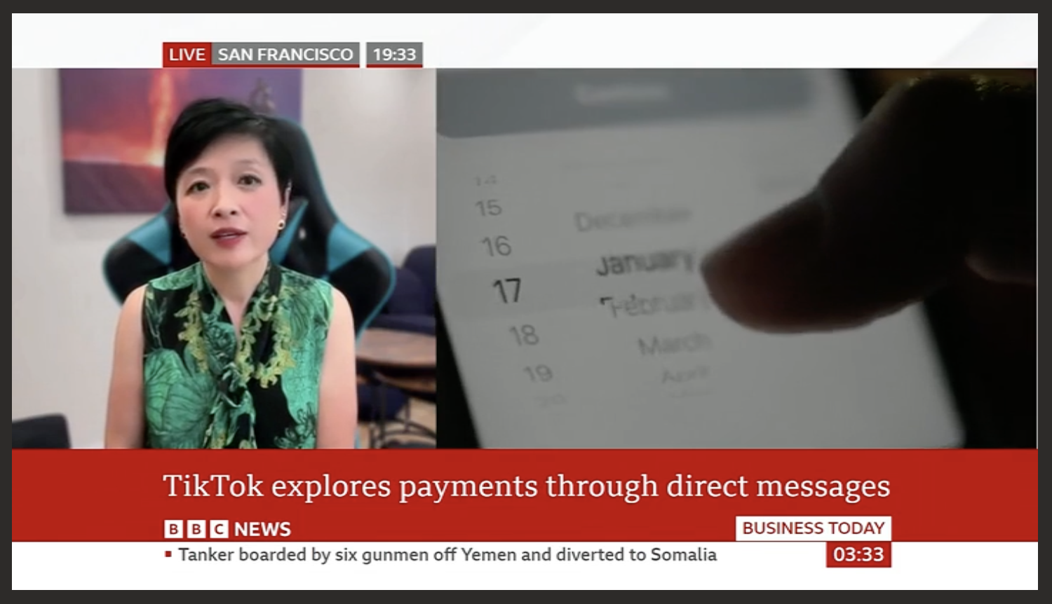 Rui Ma discussing TikTok payments on BBC News Business Today