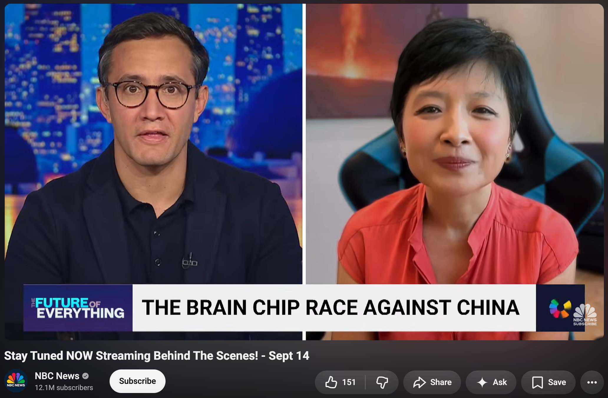 Rui Ma discussing China's brain-computer interface industry on NBC News Now
