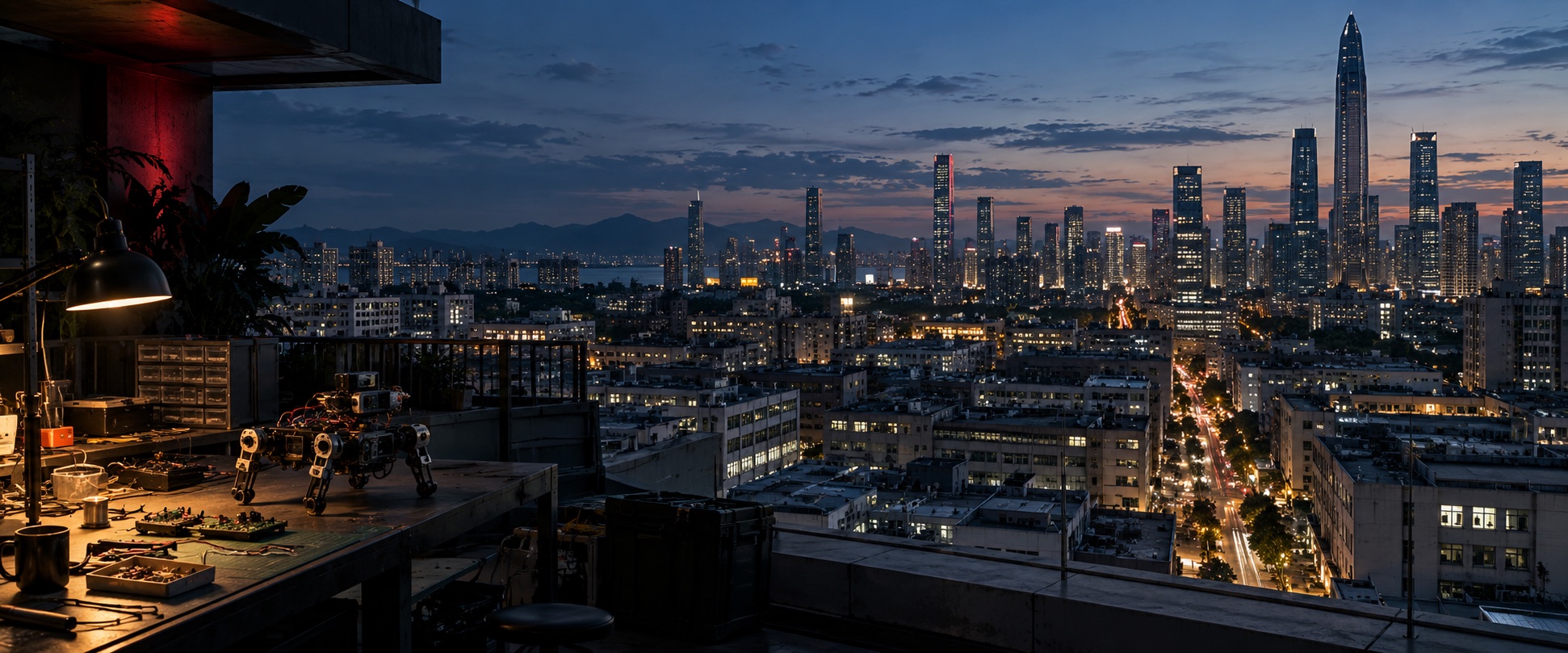 Shenzhen skyline at blue hour with an electronics and robotics workbench in the foreground